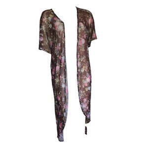 Torrid Kimono Womens Plus Size 00/0 Brown Pink Floral Mesh Open Front Flowy